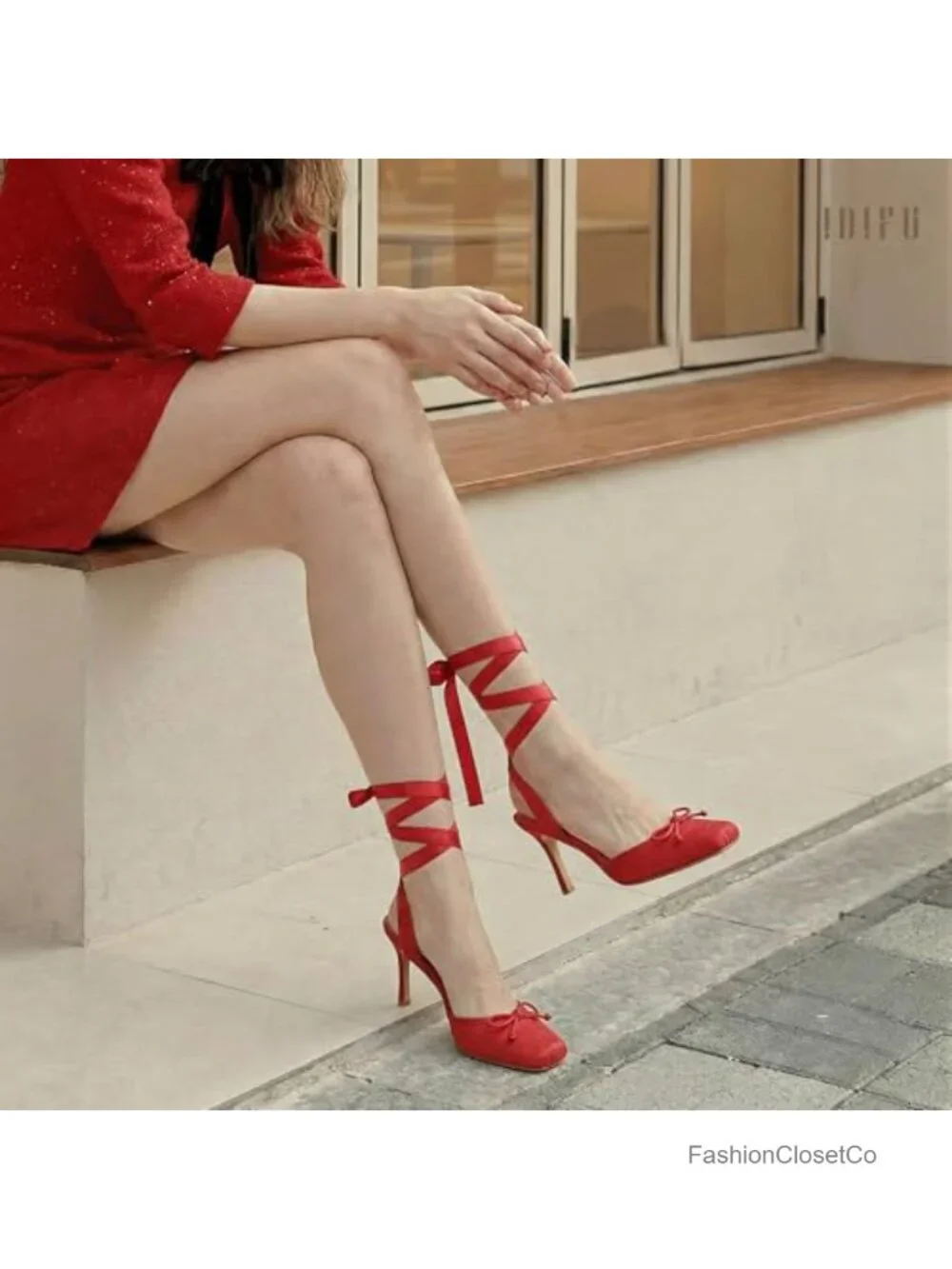 Ballet Heels Stiletto Pumps Women Square Toe Lace Up Bow Slingback Suede 4 Inch